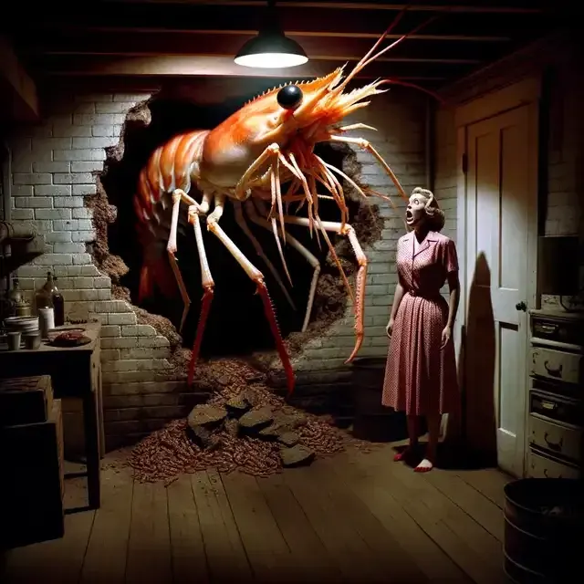 Photo in the style of a 1948 scene where Virginia, a five-foot-tall woman, is in the basement of her Bremerton apartment. The lighting is dim, and the atmosphere eerie. Suddenly, from a hole in the wall, a gigantic shrimp-like creature with a bright orange body, thin legs, and moving antennae appears. Virginia's face is filled with terror, and the overall tone matches the vintage and realistic style of the first image.